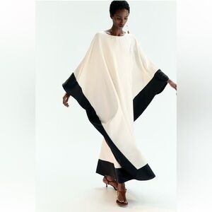 New H&M Ivory Satin Caftan Dress with Black Trim
